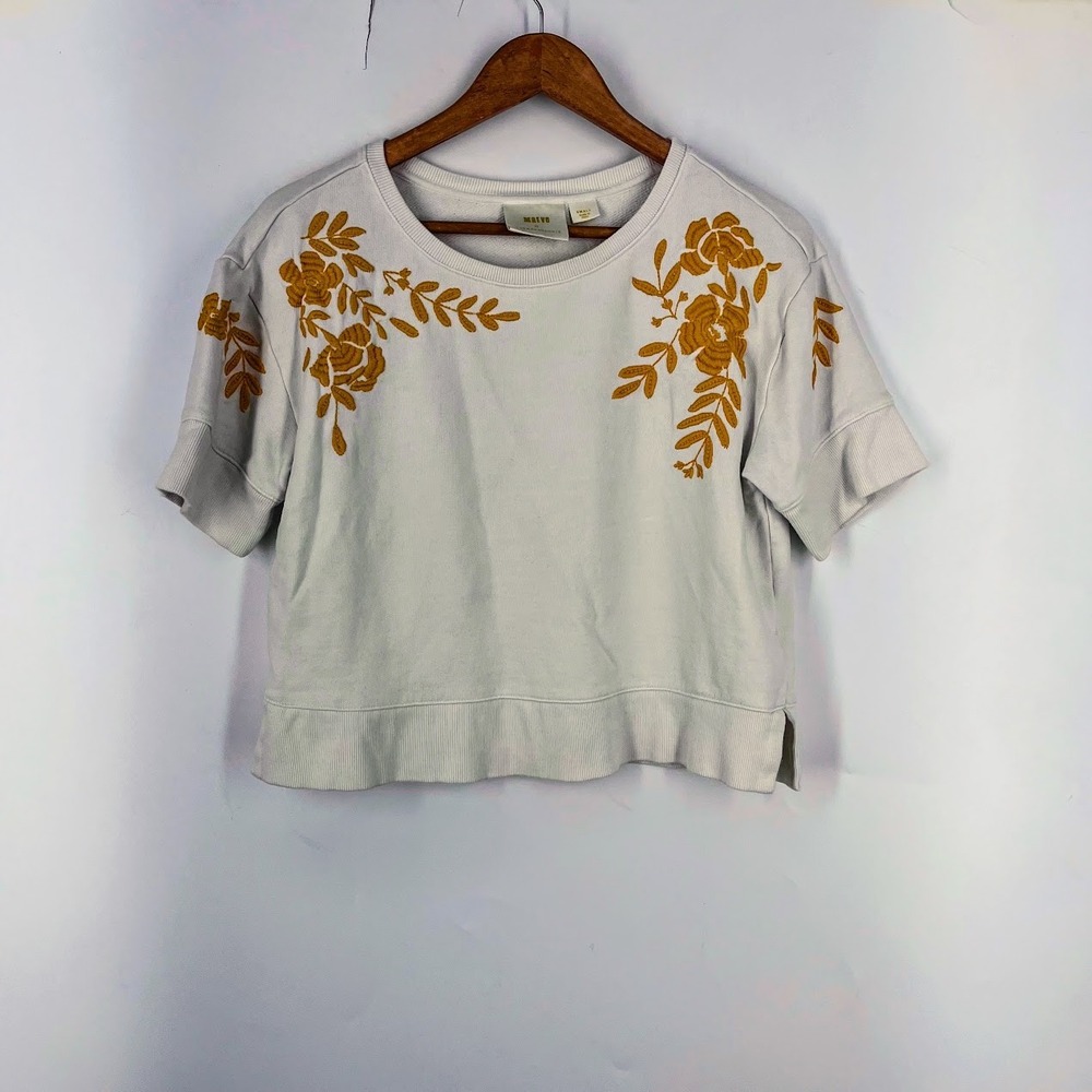 Maeve by Anthropologie Floral Embroidered Short Sleeve Sweatshirt Cream Small